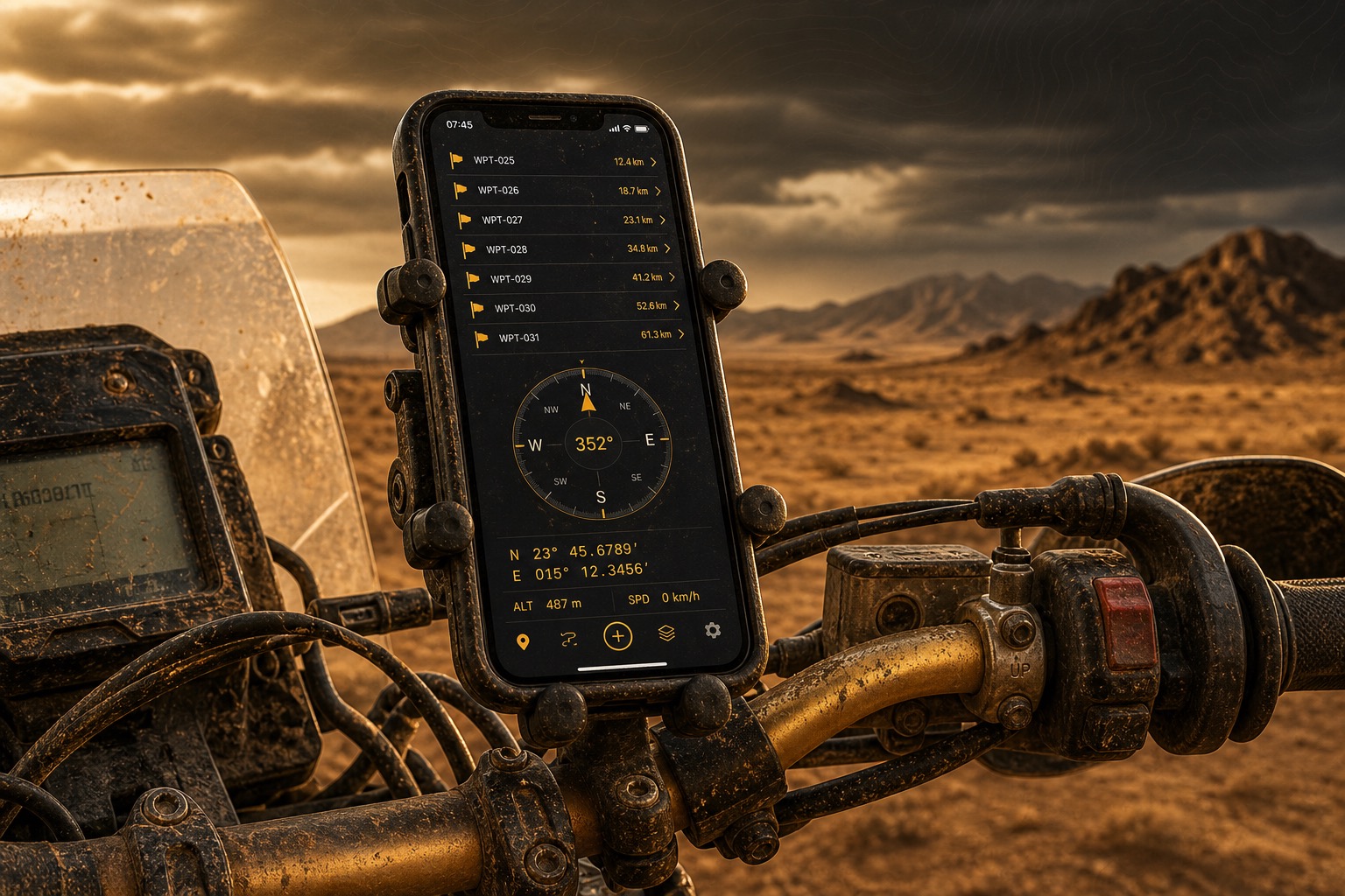 MyGPSWaypoints running on a phone mounted to a rally motorcycle in the desert