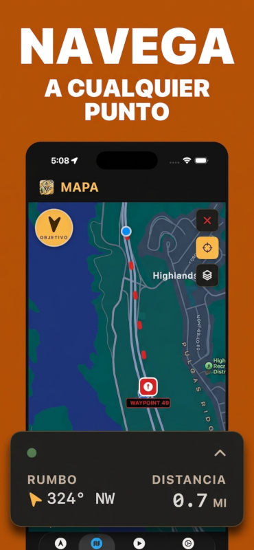 Navegación hacia un waypoint en el mapa, con rumbo y distancia