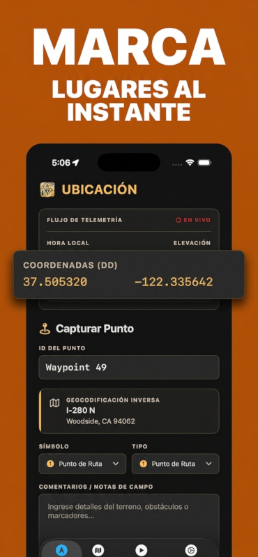 Captura de un waypoint con coordenadas, dirección y notas de campo