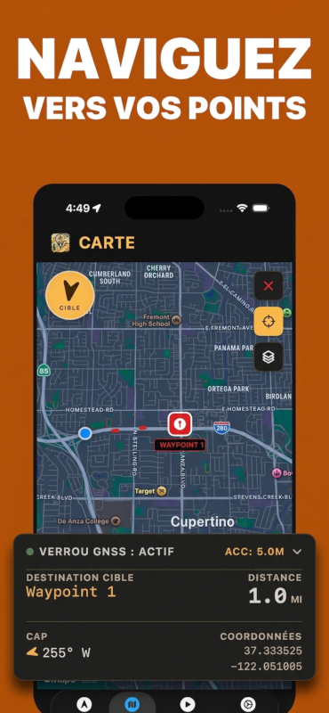 Navigation vers un waypoint sur la carte, avec distance et cap
