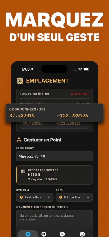 Capture d'un waypoint avec coordonnées, adresse et notes de terrain